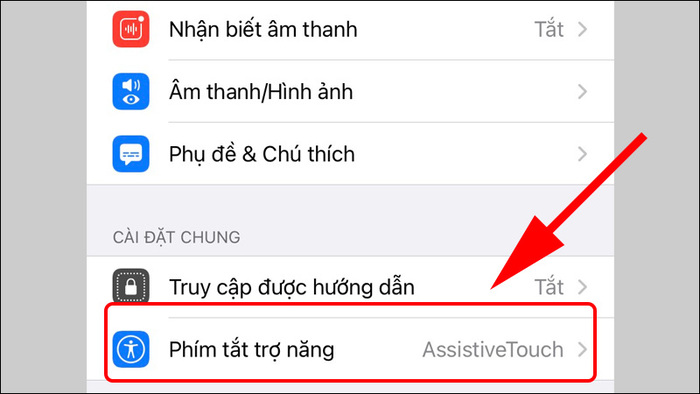 Nhấn chọn Phím tắt trợ năng dưới màn hình