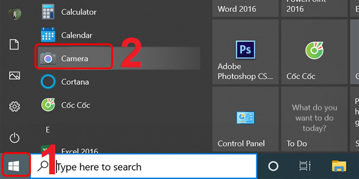 Vào Menu Start và chọn “Camera”