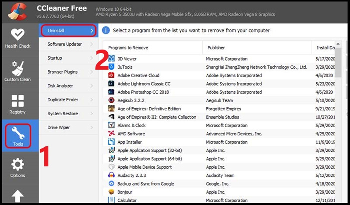 Mở CCleaner và chọn vào Tools