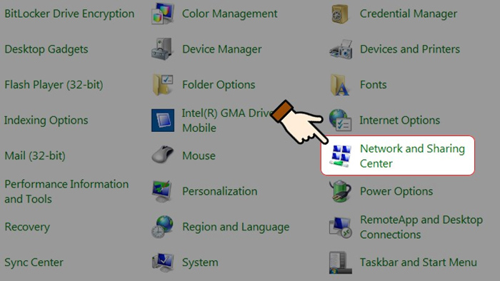 Nhấn chuột vào Network and Sharing Center