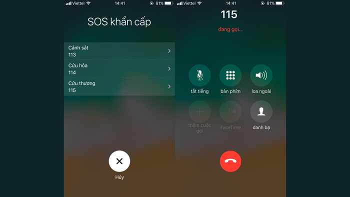 Nhấn nút màu đỏ để hủy thực hiện cuộc gọi Khẩn cấp