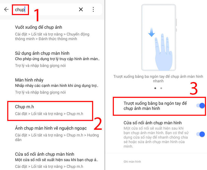 Cài đặt tính năng chụp màn hình Vivo bằng cách vuốt 3 ngón tay 