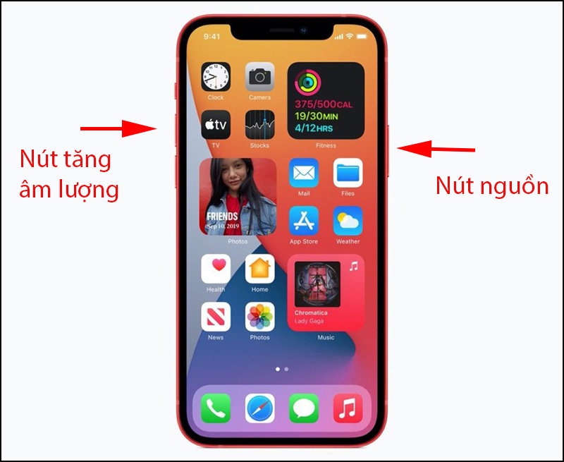 Ấn giữ nút nguồn và nút tăng âm lượng của iPhone 12