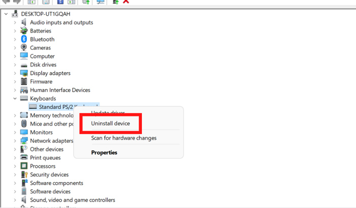 Chọn mục Standard PS/2 Keyboard và ấn chọn Uninstall Device