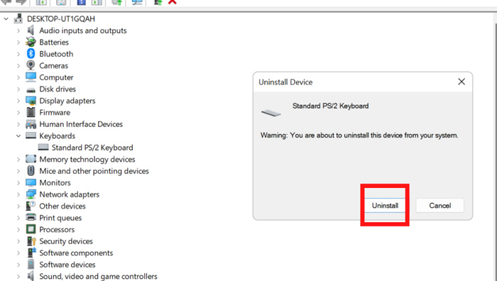 Chọn Uninstall để xác nhận khóa bàn phím laptop