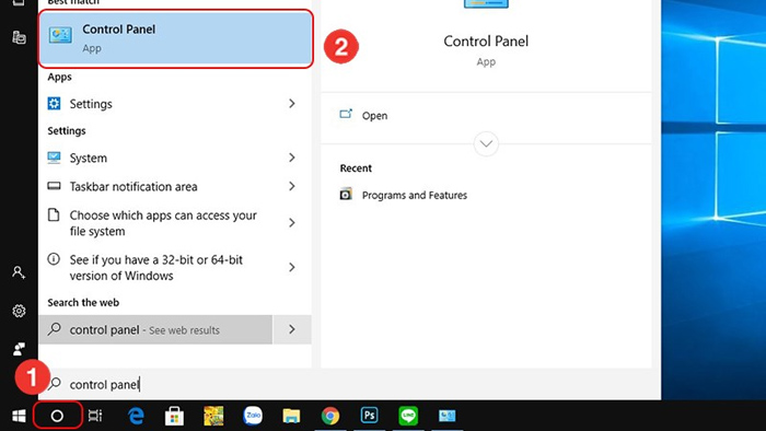 Tìm Control Panel trên thanh công cụ tìm kiếm