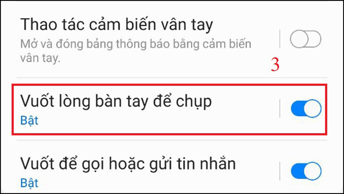 Bật tính năng Vuốt lòng bàn tay