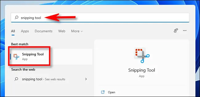 Nhập Snipping Tool để tìm kiếm ứng dụng trên thanh công cụ