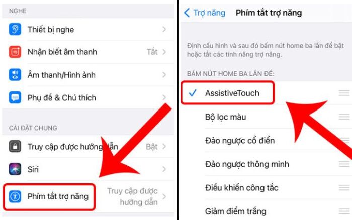 Sau khi chọn Phím tắt trợ năng, để thêm nút home ảo vào mục này, bạn chỉ cần ấn chọn AssistiveTouch