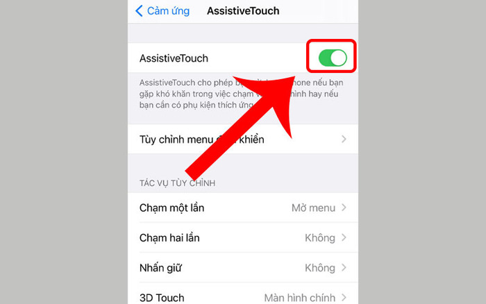 Tại dòng AssistiveTouch, kéo thanh trượt sang phải để bật nút home ảo