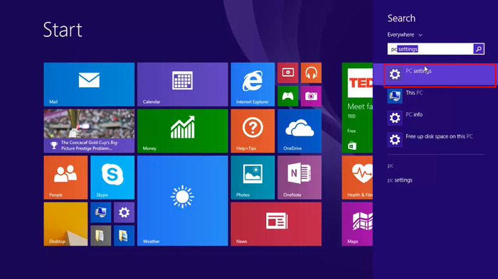 Mở settings trong thanh tìm kiếm của Windows 8