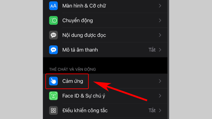 Chọn mục Cảm ứng