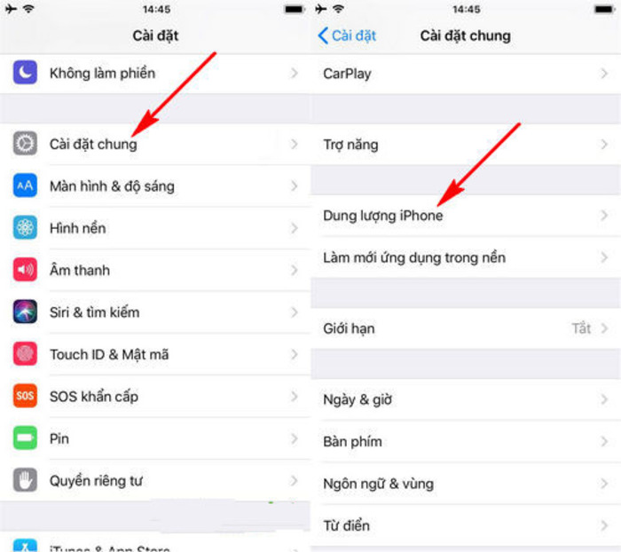 Mở Cài đặt rồi đến phần Cài đặt chung để chọn Dung lượng iPhone