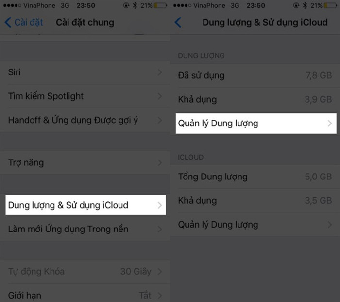 Chọn Dung lượng & Sử dụng iCloud và nhấn vào Quản lý dung lượng