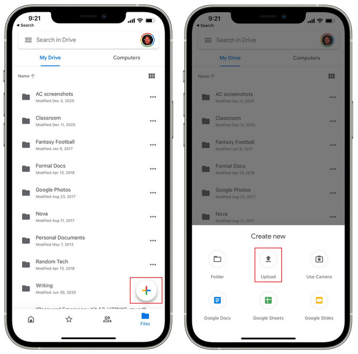 Mở ứng dụng Google Drive rồi bấm chọn dấu biểu tượng dấu cộng để Upload tệp tin