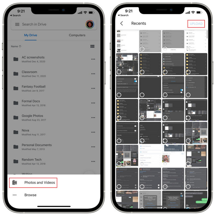 Chọn mục Photos and Videos để tải lên các tệp tin cần sao lưu trên Google Drive