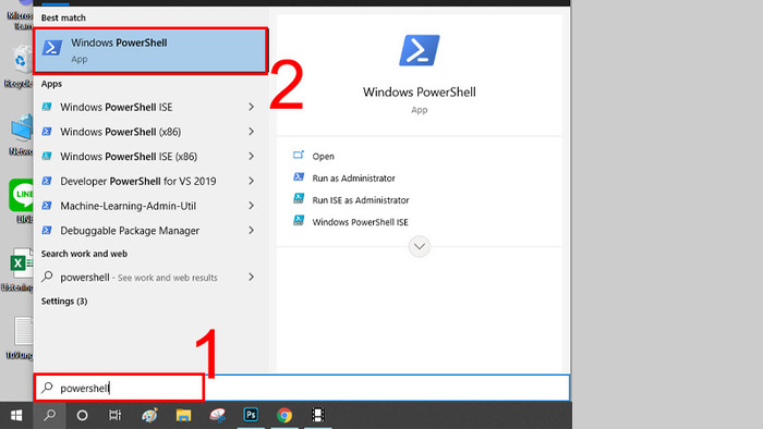 Tìm kiếm PowerShell trên thanh tìm kiếm