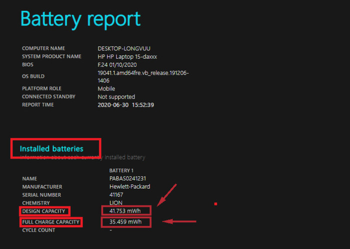 Hai thông số DESIGN CAPACITY và FULL CHARGE CAPACITY đánh giá chính xác tình trạng pin laptop Win 8 và Win 10