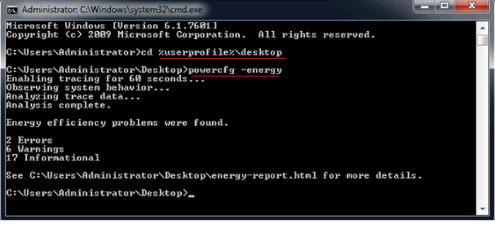 Nhập các dòng lệnh vào hộp Administrator để xem tệp báo cáo thông số pin laptop