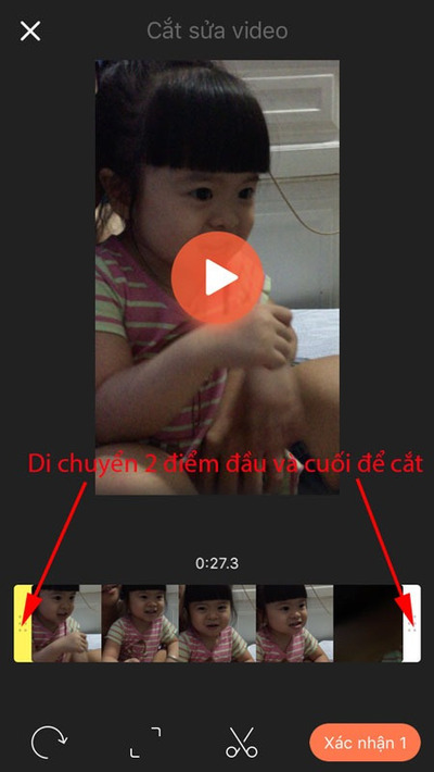 Tiến hành di chuyển hai điểm đầu và cuối để cắt video theo độ dài mong muốn